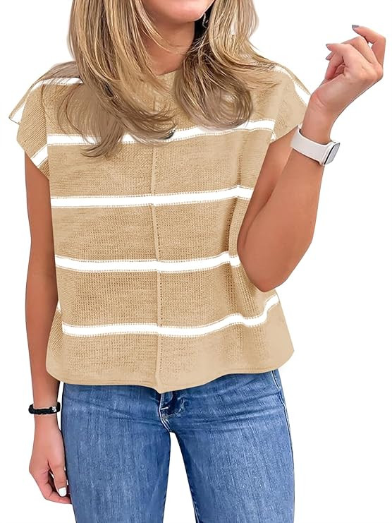 Saodimallsu Womens Cap Sleeve Tank Tops Striped Crew Neck Casual Loose Fit Spring Summer Pullover... | Amazon (US)