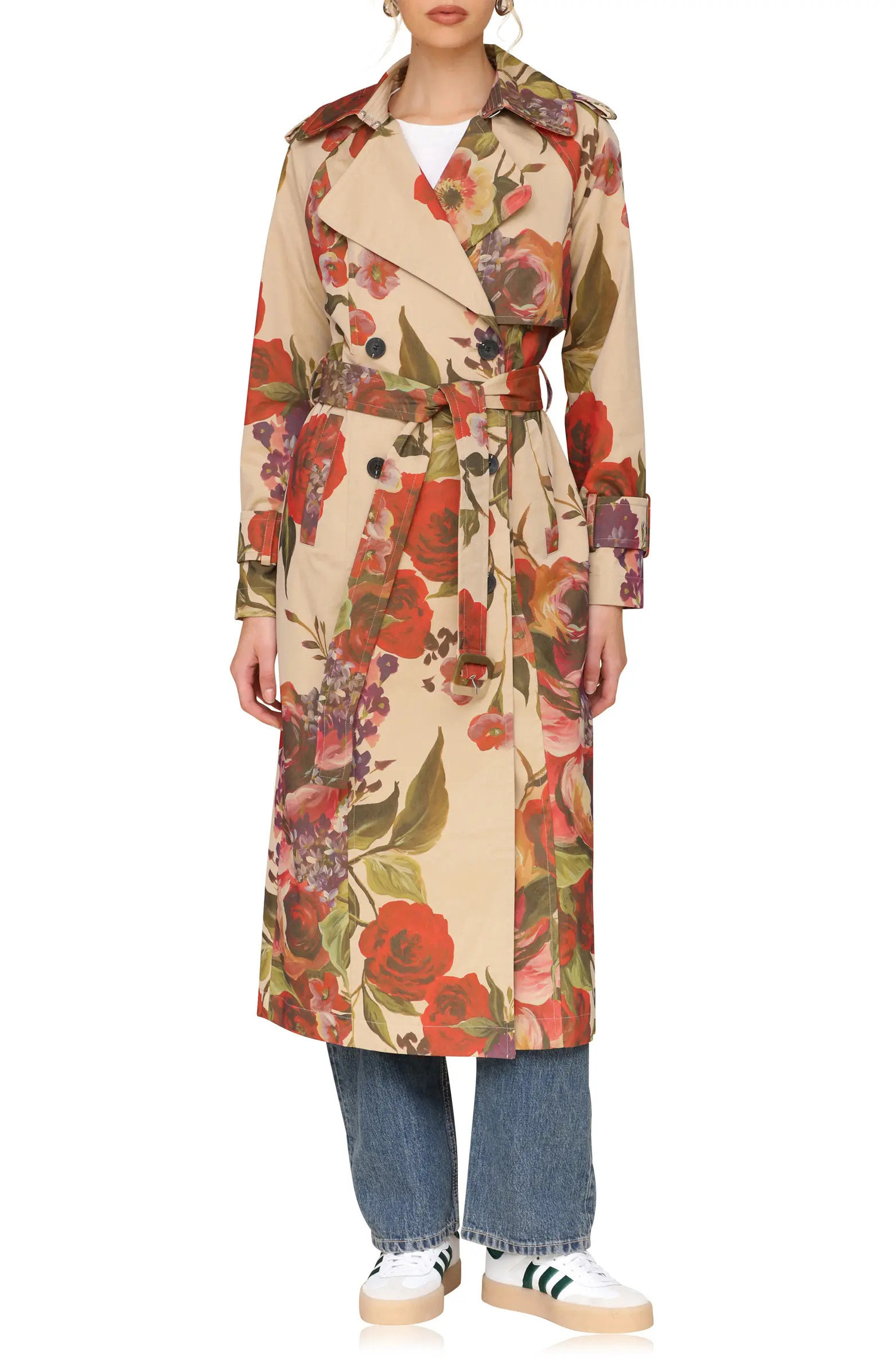 Avec Les Filles Rose Print Belted Double Breasted Cotton Blend Trench Coat | Nordstrom | Nordstrom