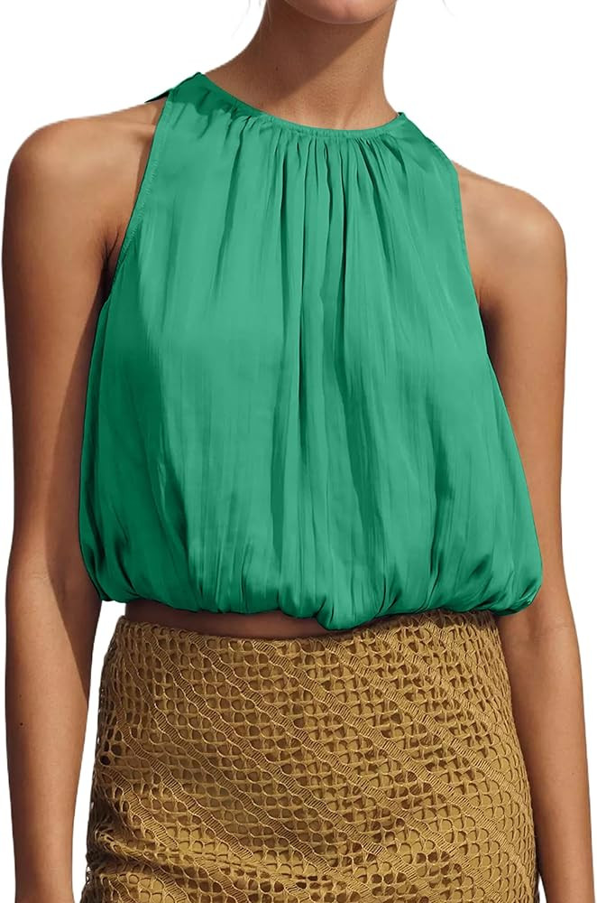 Ythomm Women\u2019s Halter Crop Bubble Tops Summer Sleeveless Crewneck Puffy Hem Cropped Tank Top... | Amazon (US)