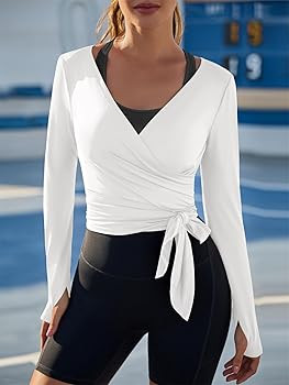 Fisoew Womens Wrap Tie Tops Long Sleeve Workout Crop Wrap Shirts Casual Lightweight Ballet Pilate... | Amazon (US)