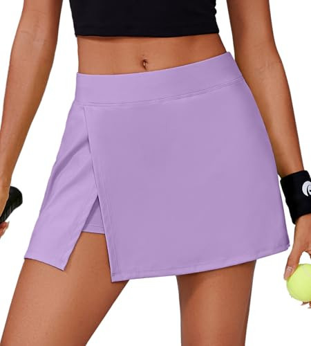 PINSPARK High Waisted Tennis Skirts with 2 Pockets A-Line Athletic Skorts Side Slit Golf Skort Sport Skirt for Pickleball Running Lilac Small | Amazon (US)