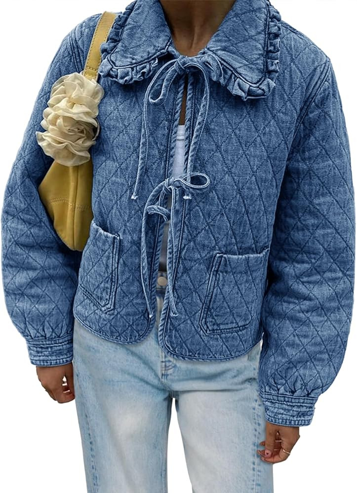 Tankaneo Womens Quilted Denim Puffer Jackets Tie Front Bow Cropped Puffy Jackets Fall Cute Short ... | Amazon (CA)