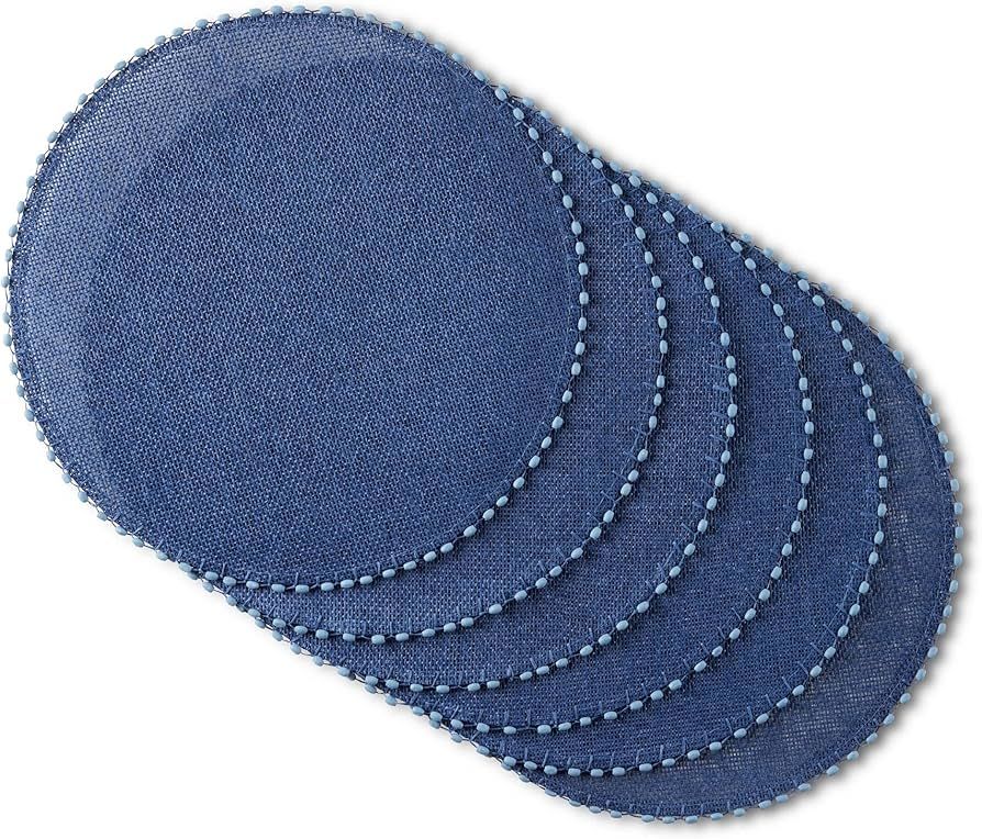 Martha Stewart Woven Water Resistant Lindos Placemat Set 6-Pack, 15" Round, Navy Blue | Amazon (US)