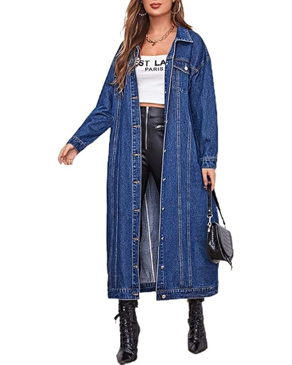chouyatou Women's Fashion Spring Button Down Midi Long Denim Jean Jacket Trench Coat | Amazon (US)