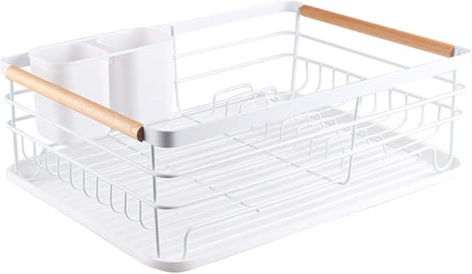 Yunkee Dish Drying Rack - Cutlery Dish Drainer with Stylish Wooden Handle - White | Amazon (US)