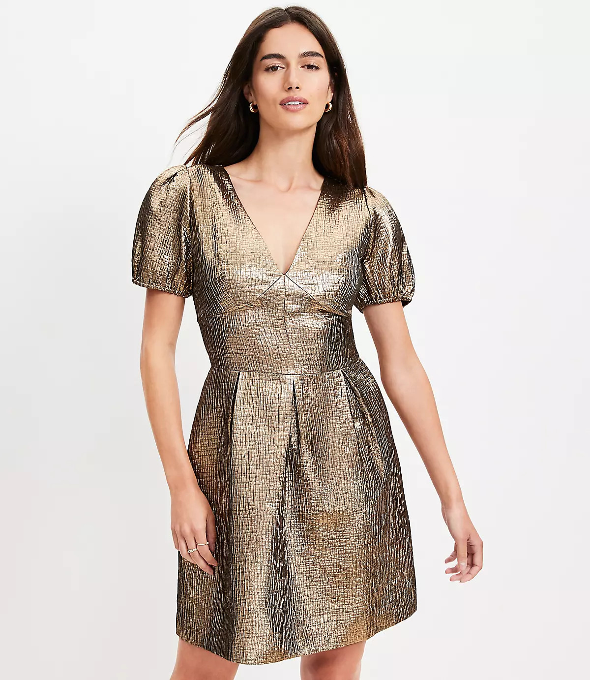 Metallic Jacquard V-Neck Mini Flare Dress | LOFT