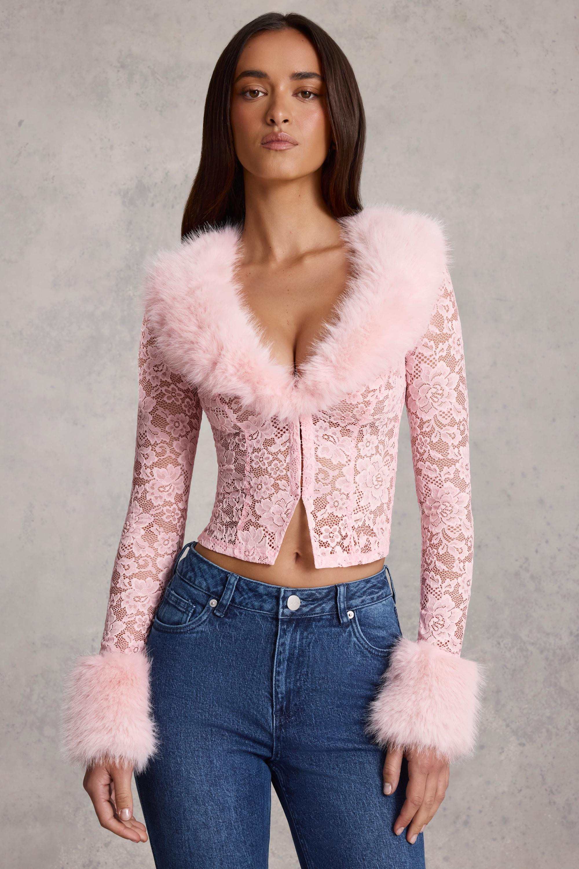 Sheer Lace Faux-Fur-Trim Cardigan in Pink | Oh Polly