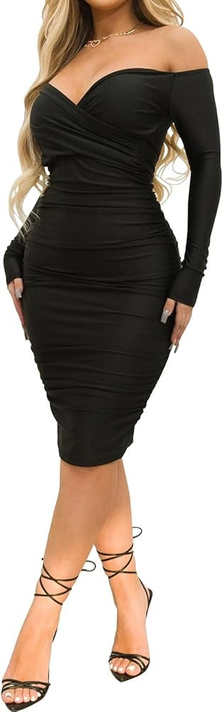 Uni Clau Women's Sexy V Neck Off Shoulder Ruched Bodycon Dress Long Sleeve Slim Fit Cocktail Midi... | Amazon (US)