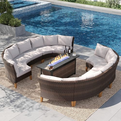 PHI VILLA 7-Piece Half Moon Patio Furniture Set with 56" Fire Pit Table, Outdoor Wicker Sectional Sofa with Thick Beige Cushions, Large Curved Conversation Seating for Garden or Backyard | Amazon (US)