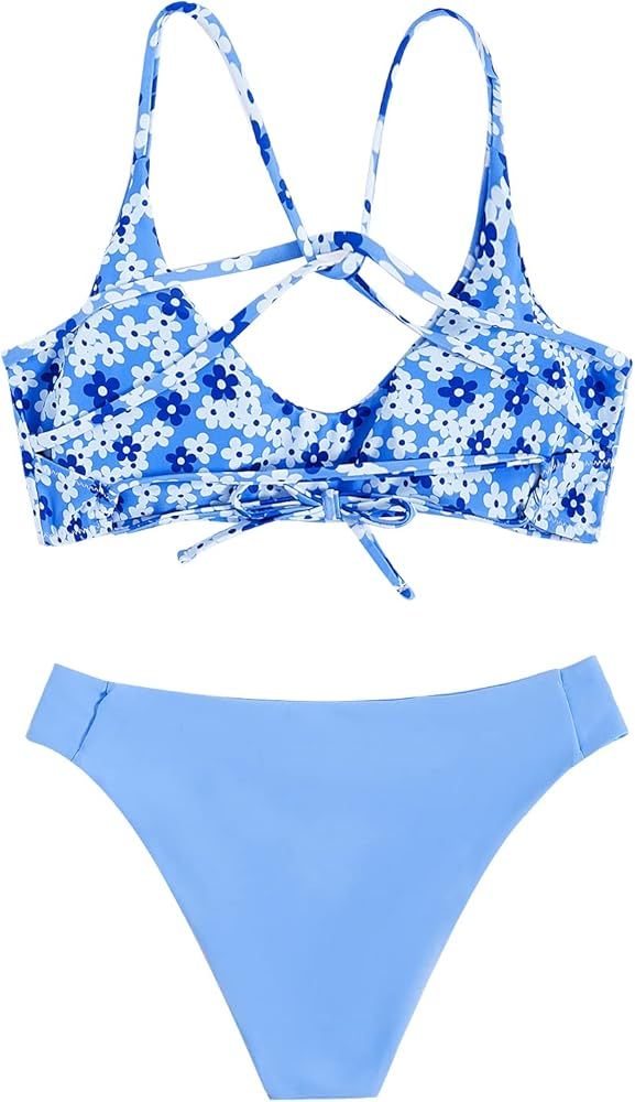 SweatyRocks Women's Sexy Bathing Suit Floral Print Cross Back Bikini Set Swimsuits | Amazon (US)