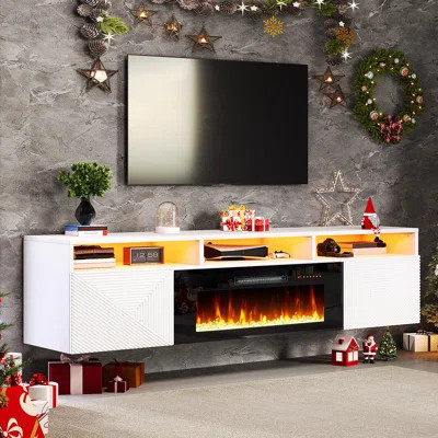 Bhhatu Modern Floating Fireplace TV Stand with Storage & High Gloss Geometric Doors | Wayfair North America