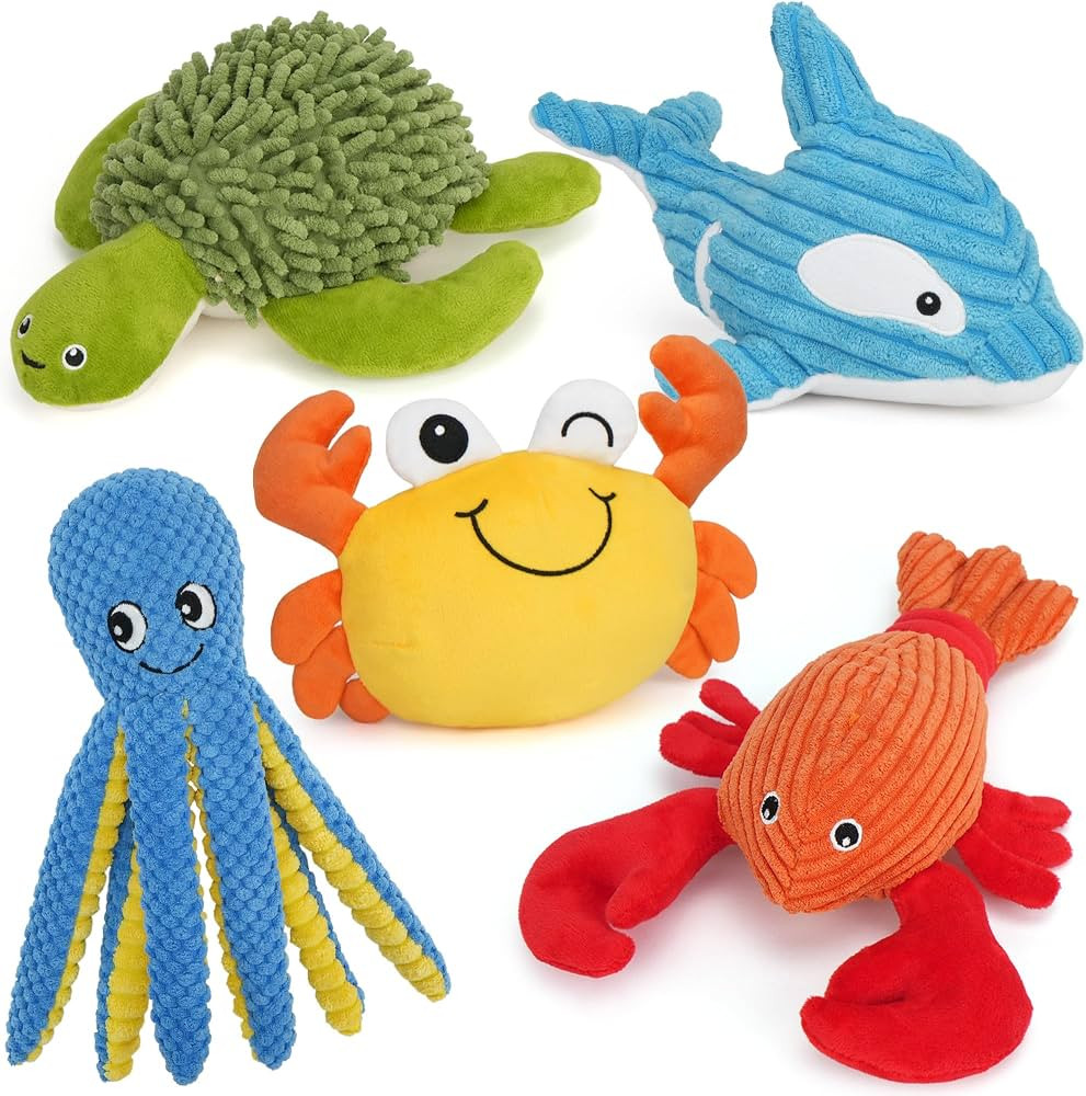Prime Pets Dog Toys, 5 Pack, Plush Crinkle Squeaky Dog Toys, Durable Stuffed Pet Toy for Small Me... | Amazon (US)
