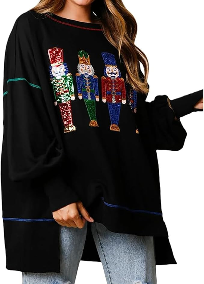 Christmas Sweatshirt for Women Funny Sequin Sweater Nutcracker Santa Xmas Graphic Oversized Pullo... | Amazon (US)