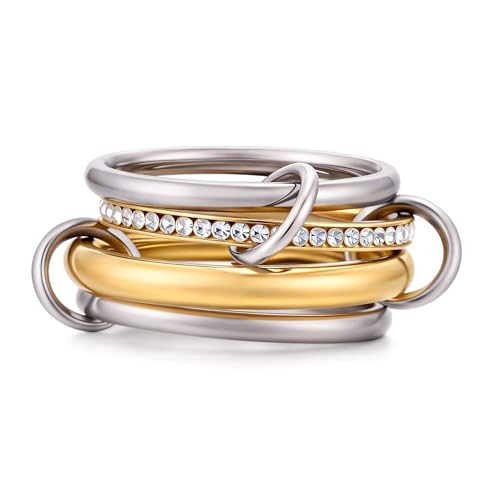 Moiegouct Gold Stackable Rings for Women – 4-Piece Gold Silver Multi Ring Stack Set with Rhinestone, Mixed Metal Stacked, Two Tone Connected, Dainty Interlocking Statement Rings, Size 5 | Amazon (US)