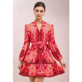 Red Floral V-Neck Tie Waist Mini Dress for Rooftop Parties & Island Getaways | Chicwish