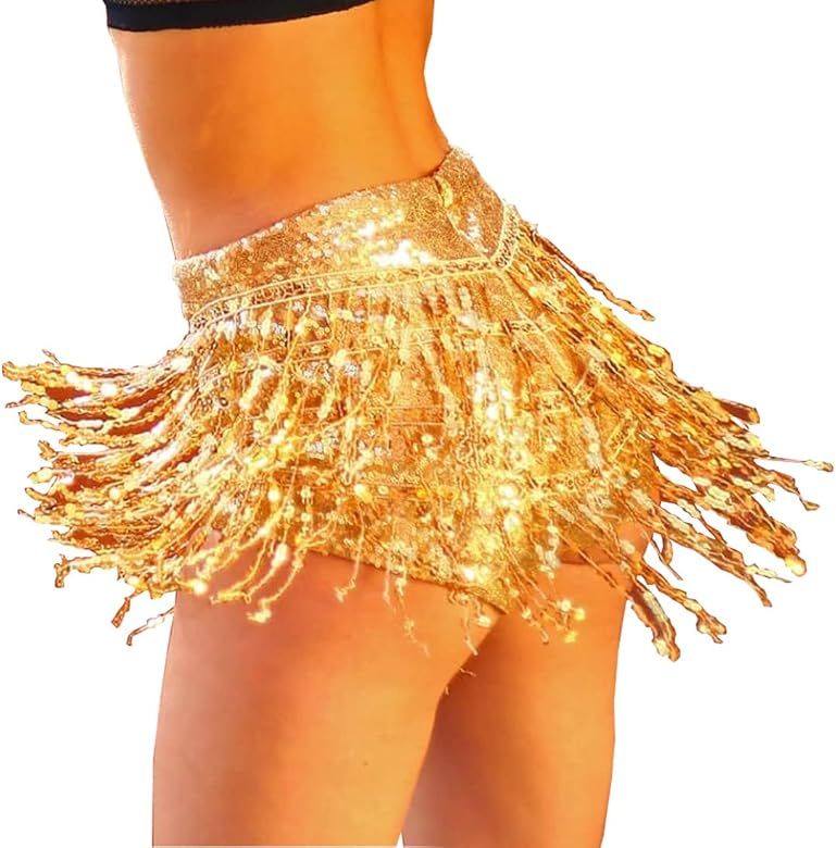 Yollmart Women's Sequins Tassel Skirts Shorts Booty Dance Festival Bottoms | Amazon (US)