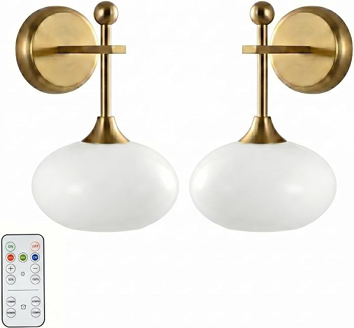 Battery-Operated Modern Brass Wall Sconce Set of 2, Wireless Rechargeable Wall Light with Remote ... | Amazon (US)