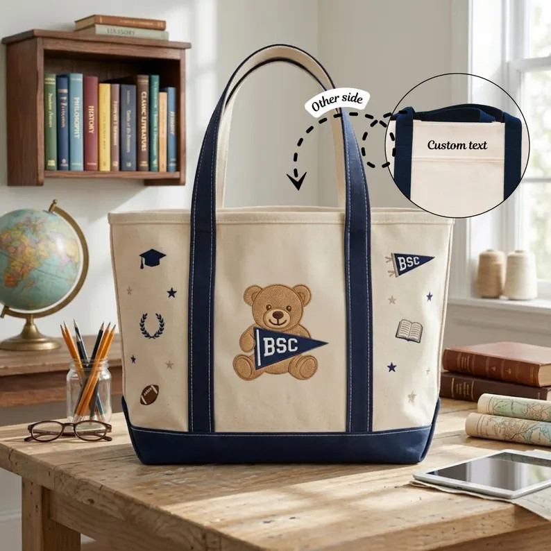Custom College Tote Bag, Embroidered Teddy Bear Tote, Personalized University Bag, Canvas Tote Gi... | Etsy (Global)