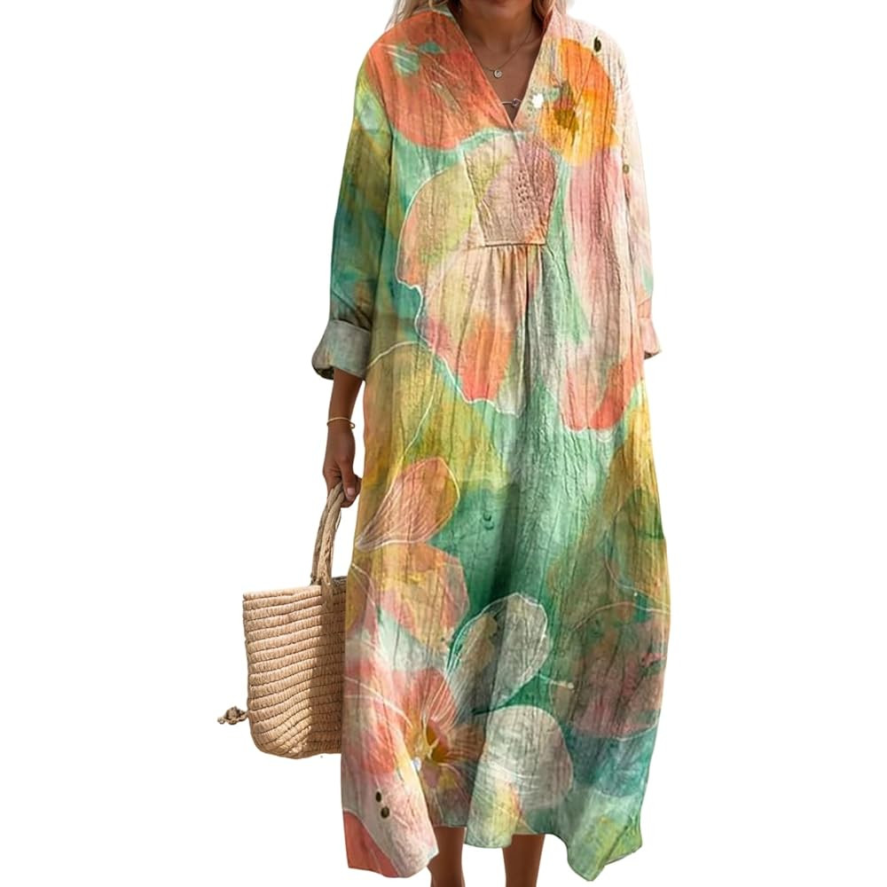 Women's Long Sleeve Dresses Summer and Fall Smocked V Neck Flowy Maxi Dresses Casual Boho Oversiz... | Amazon (US)