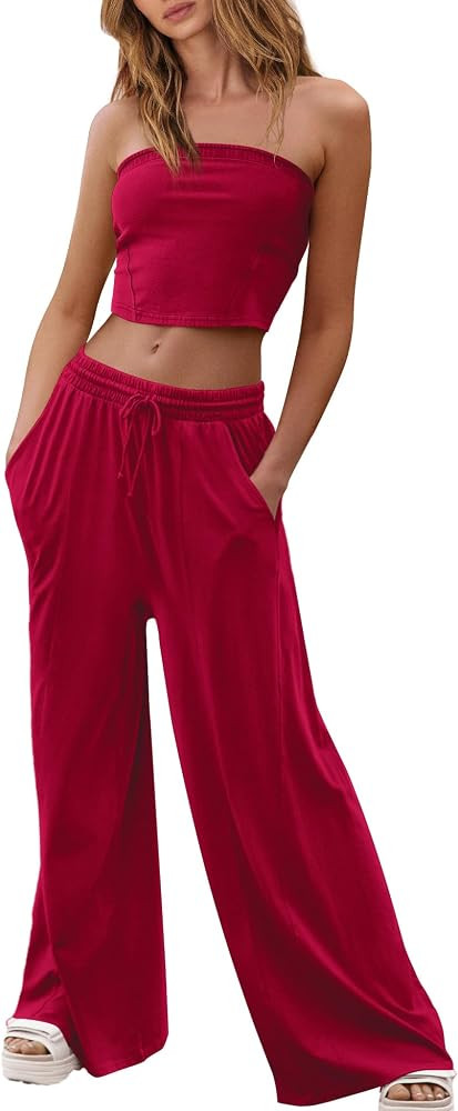 Yanekop Womens 2 Piece Lounge Set Tube Top and Pants Set Travel Sexy Two Piece Outfits Summer Bea... | Amazon (US)