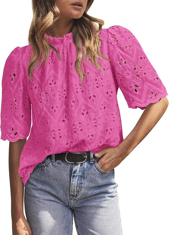 PRETTYGARDEN Summer Tops for Women 2025 Trendy Short Sleeve Eyelet Embroidered Dressy Casual Blou... | Amazon (US)