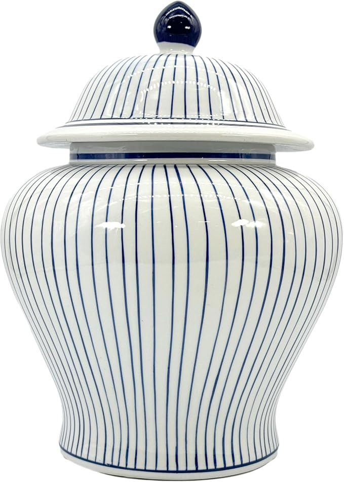 Galt International Blue & White Striped Wide Ceramic Porcelain Ginger Jar wtih Lid Temple Jar Hom... | Amazon (US)