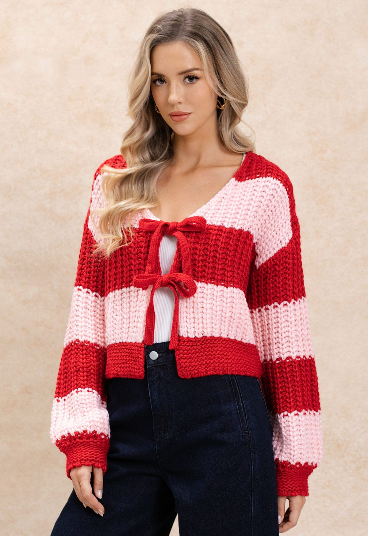 Contrast Stripe Tie-Front Chunky Knit Crop Cardigan | Chicwish