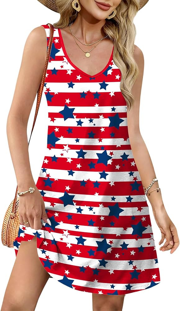 LHBNK 4th of July Dress for Women: American Flag Tank Dresses Star Striped Splicing Loose V Neck ... | Amazon (US)