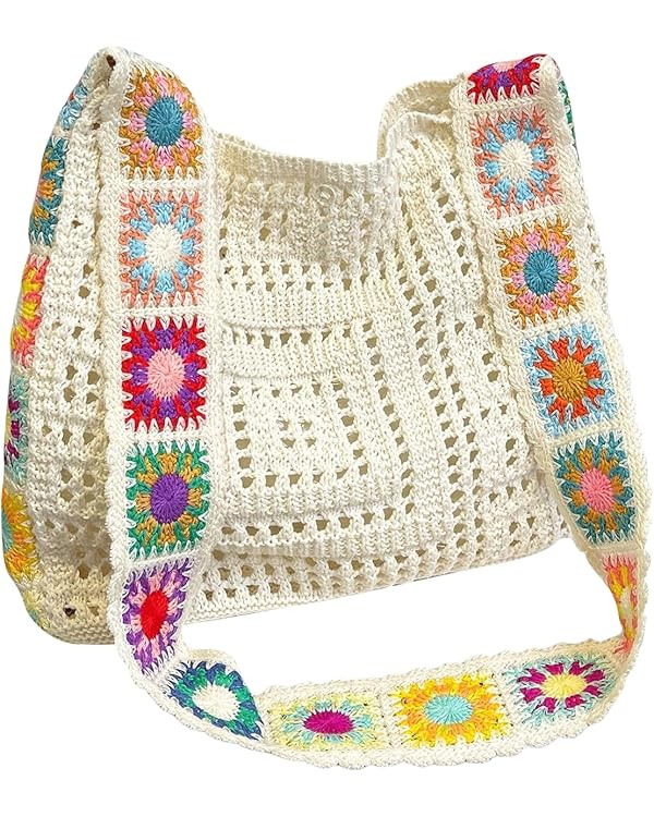 QWINEE Women's Boho Embroidery Crossbody Bag Hollow Out Crochet Knit Shoulder Bag Tote Handbag | Amazon (US)