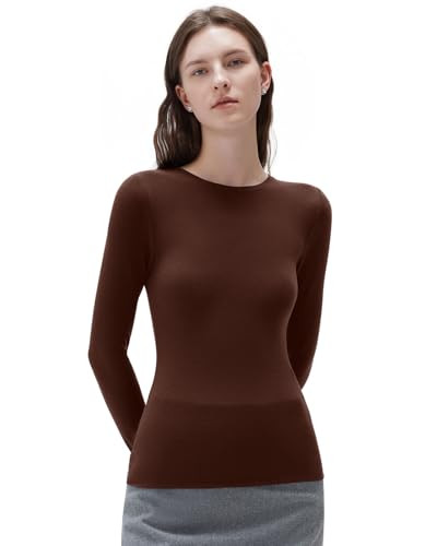 SUUKSESS Cloud Cashmere Women Crew Neck Fitted Long Sleeve Shirts Basic Knit Going Out Tops (Brown, L) | Amazon (US)
