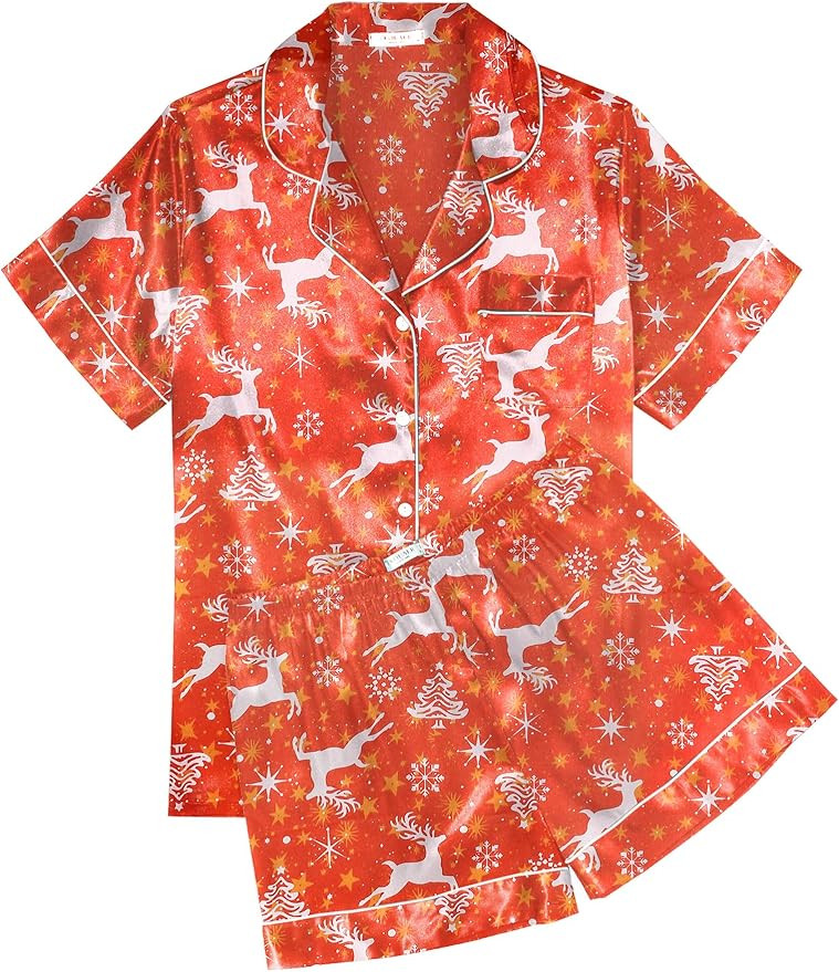 Ekouaer Womens Silk Satin Pajama Sets Soft Short Sleeve Button Down Sleepwear Top and Shorts 2 Pi... | Amazon (US)