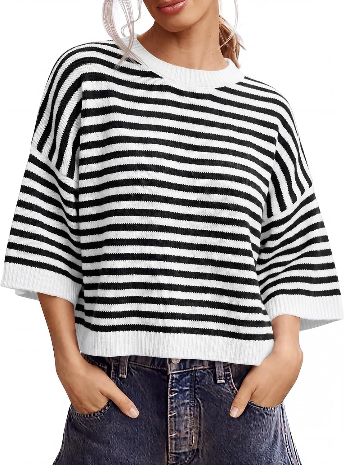 Saodimallsu Womens Short Sleeve Sweater Striped Oversized Sweaters Knit Top | Amazon (US)