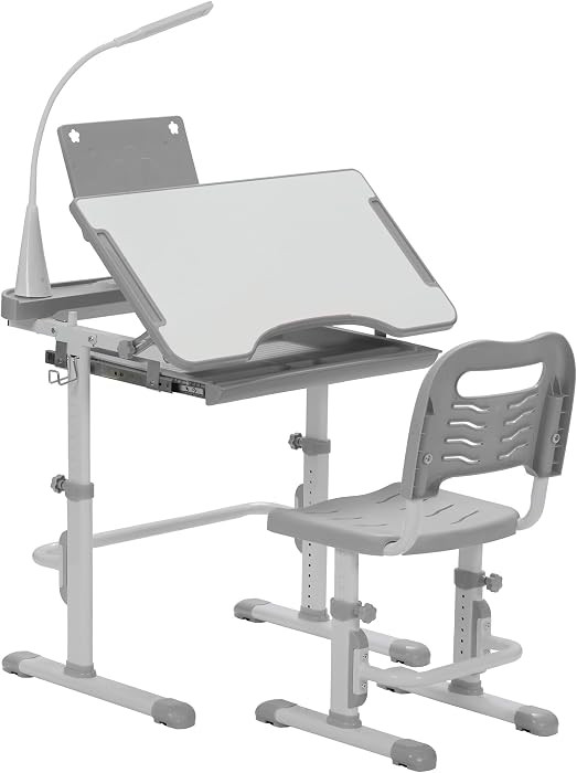 Kids' Desk and Chair Set, Height Adjustable Child's School Study Writing Tables with Tilt Desktop, LED Light, Storage Drawer, Book Stand(Grey) | Amazon (US)