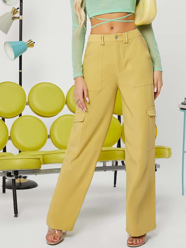 SHEIN Flap Pocket Patched Solid Pants | SHEIN