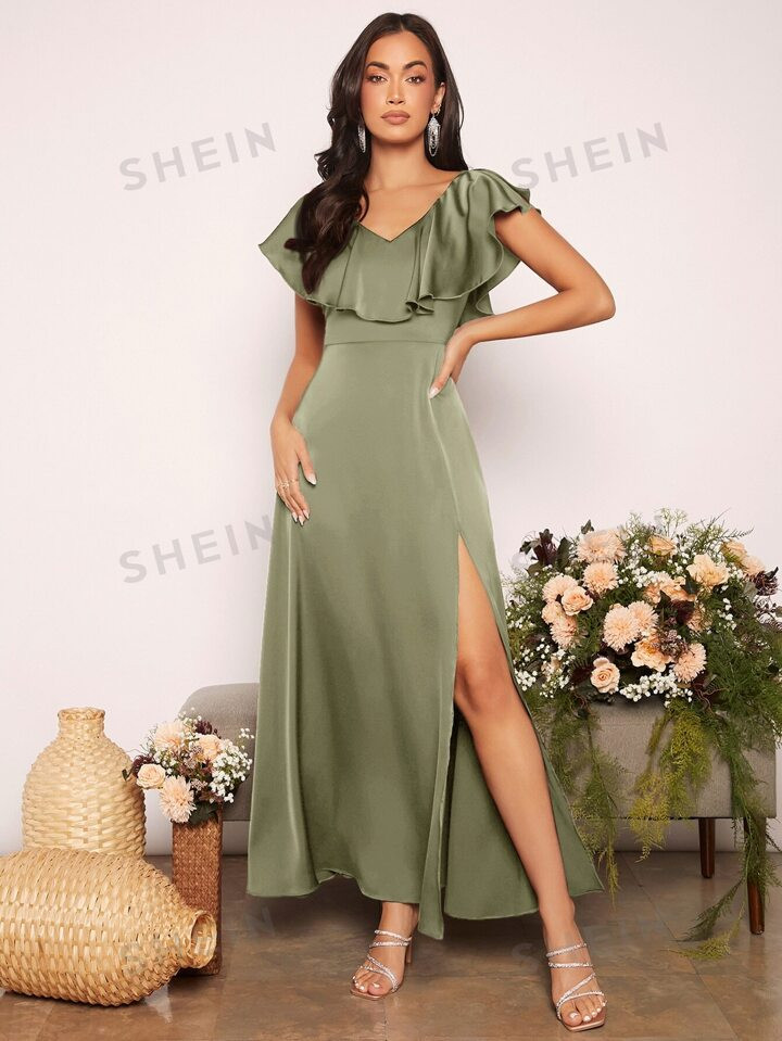 SHEIN Belle Ruffle Trim Slit Thigh Satin Bridesmaid Dress | SHEIN