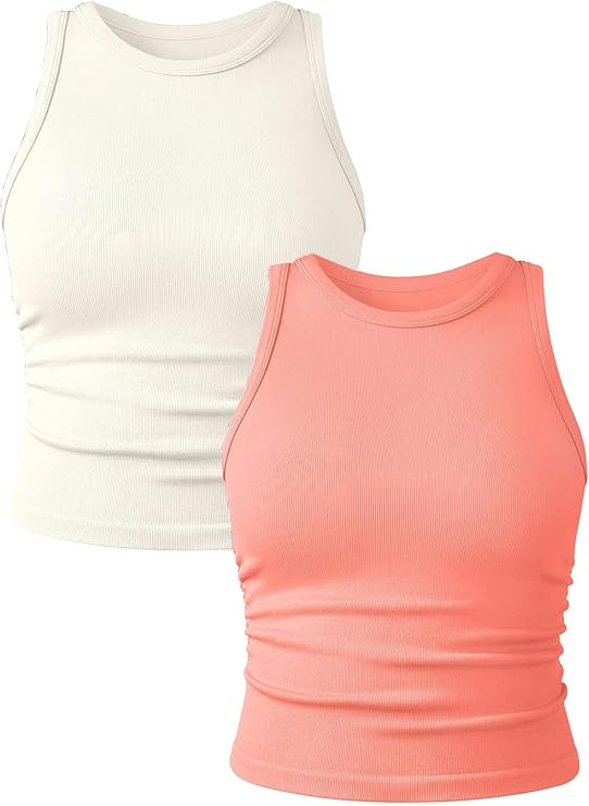 YIOIOIO Women's 2 Pieces Basic Seamless Tank Tops Sleeveless Crew Neck Workout Exercise Crop Cami... | Amazon (US)