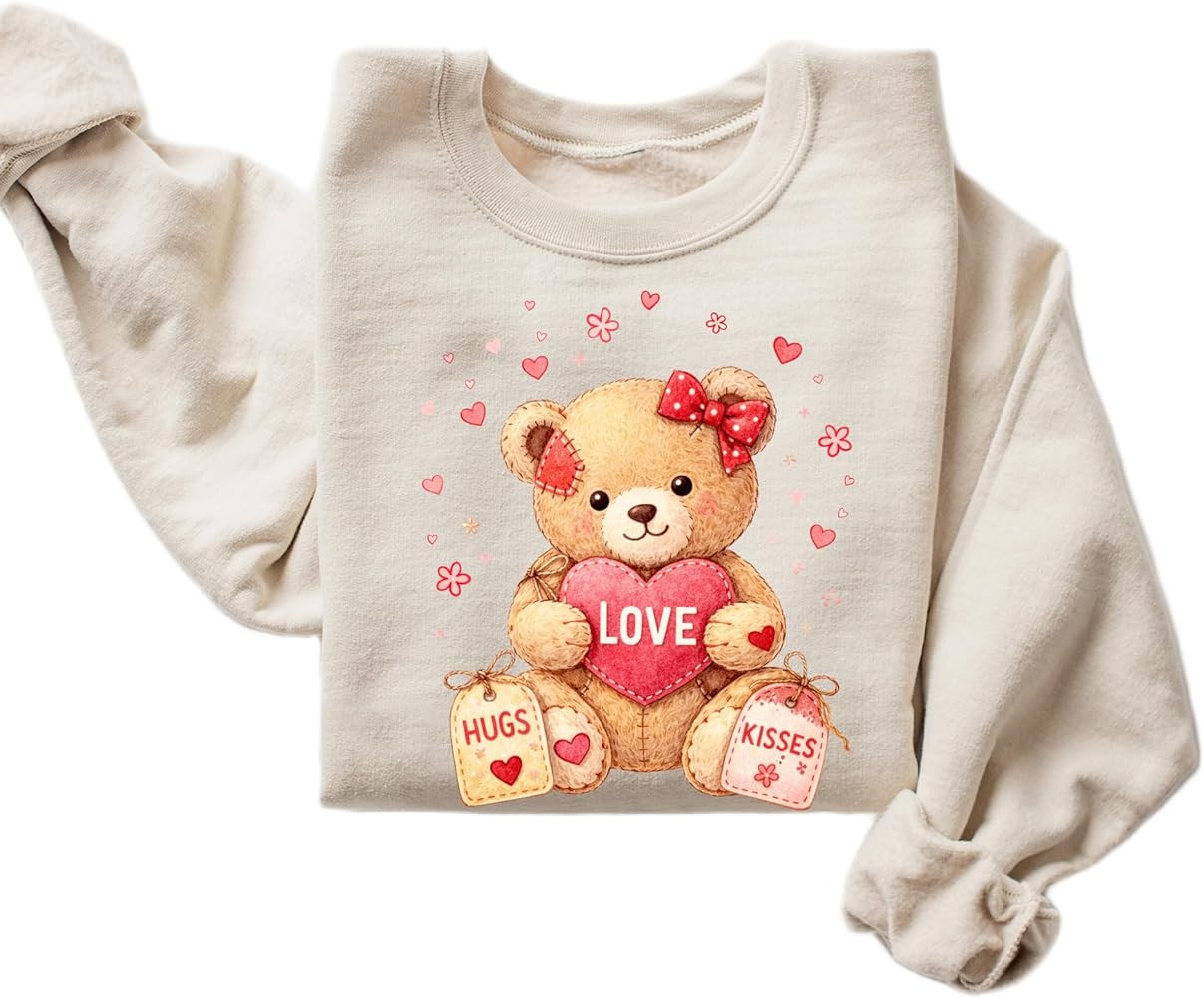 Love Teddy Bear Sweatshirt for Women – Cute Valentine Bear Graphic Pullover with Hugs & Kisses | Amazon (US)