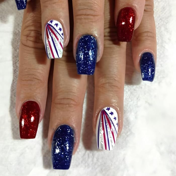 4th of July Nails 24Pcs Fourth of July Short Press On Nails Almond Fake Nail with Red and Blue St... | Amazon (US)