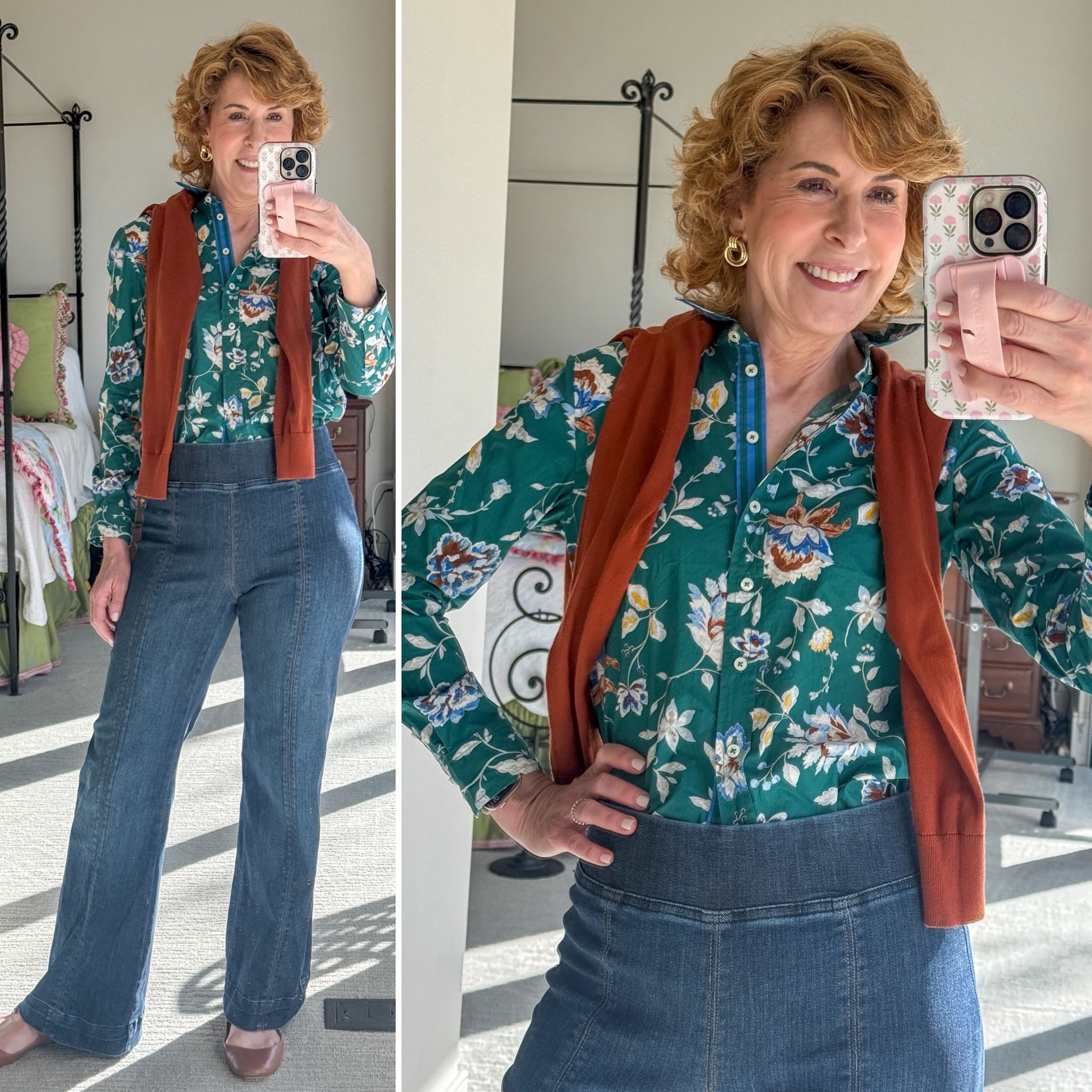 This pretty floral button down and pull-on denim pants combo is comfy, flattering, and perfect for fall! I tossed a rust-colored sweater over my shoulders for a pop of autumn warmth and finished the look with gold knot and neutral Mary Janes. Easy and so polished!

#LTKFindsUnder100 #LTKStyleTip #LTKSeasonal