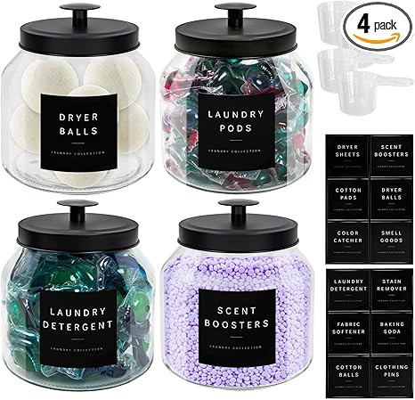 Glass Laundry Room Organization and Storage Set Containers with Labels Laundry Organizer Jars Hol... | Amazon (US)