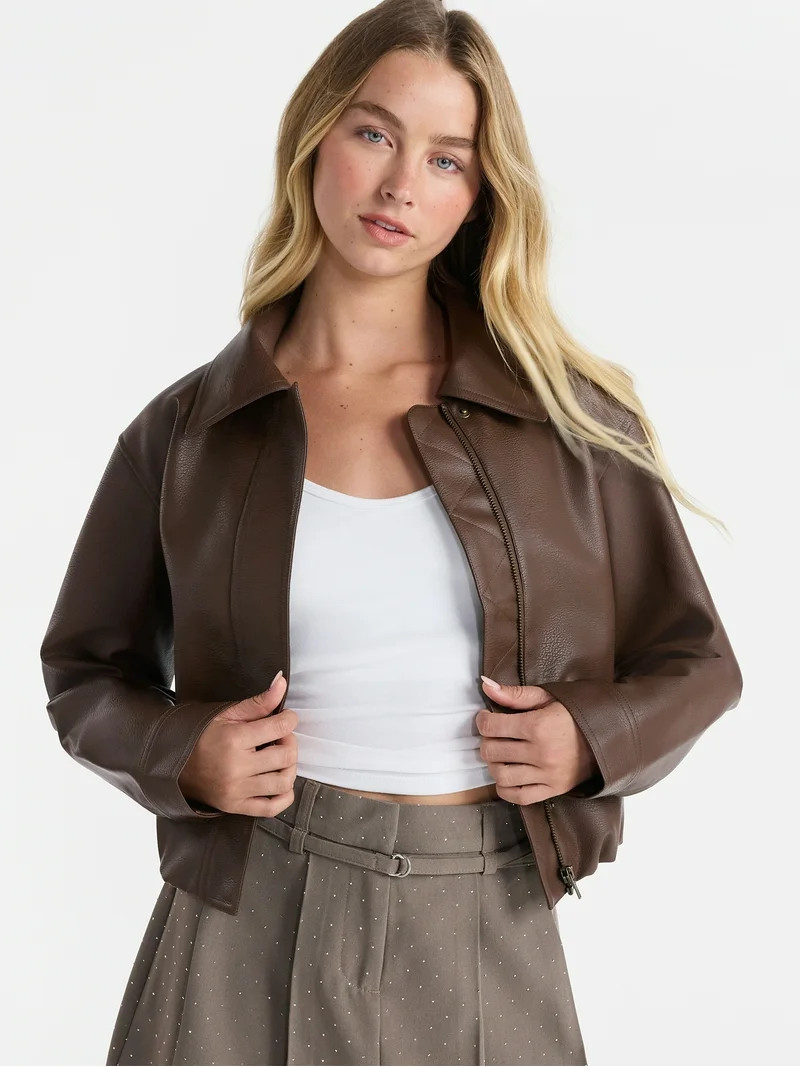 No Boundaries Bubble Hem Faux Leather Bomber Jacket, Women's | Walmart (US)