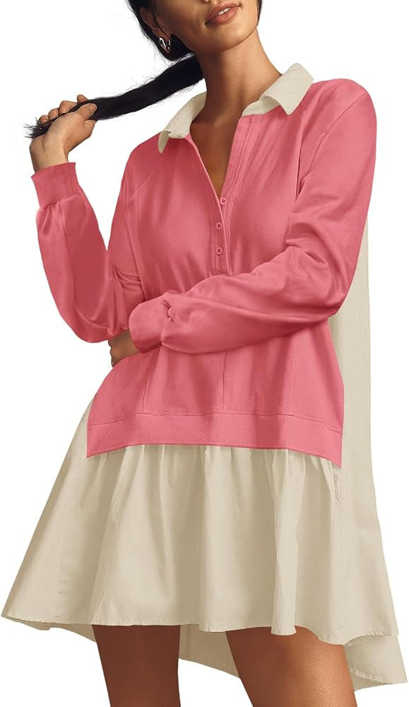 Fisoew Womens Oversized Sweatshirt Dress Long Sleeve V Neck Patchwork Casual Pullover Tops Loose ... | Amazon (US)