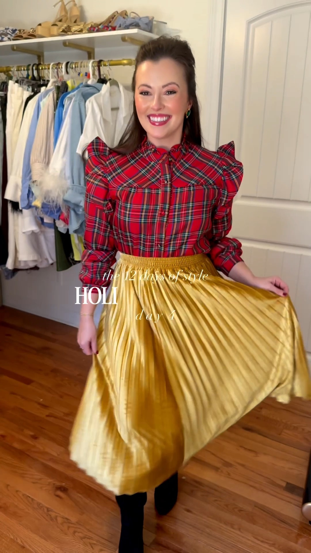 Holiday party outfit 
Christmas outfit 
Red plaid top, gold midi skirt, brown suede boots
Top - small
Skirt - small

#LTKFindsUnder100 #LTKHoliday #LTKCyberWeek