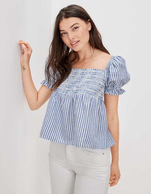 AE Square Neck Smocked Babydoll Blouse | American Eagle Outfitters (US & CA)