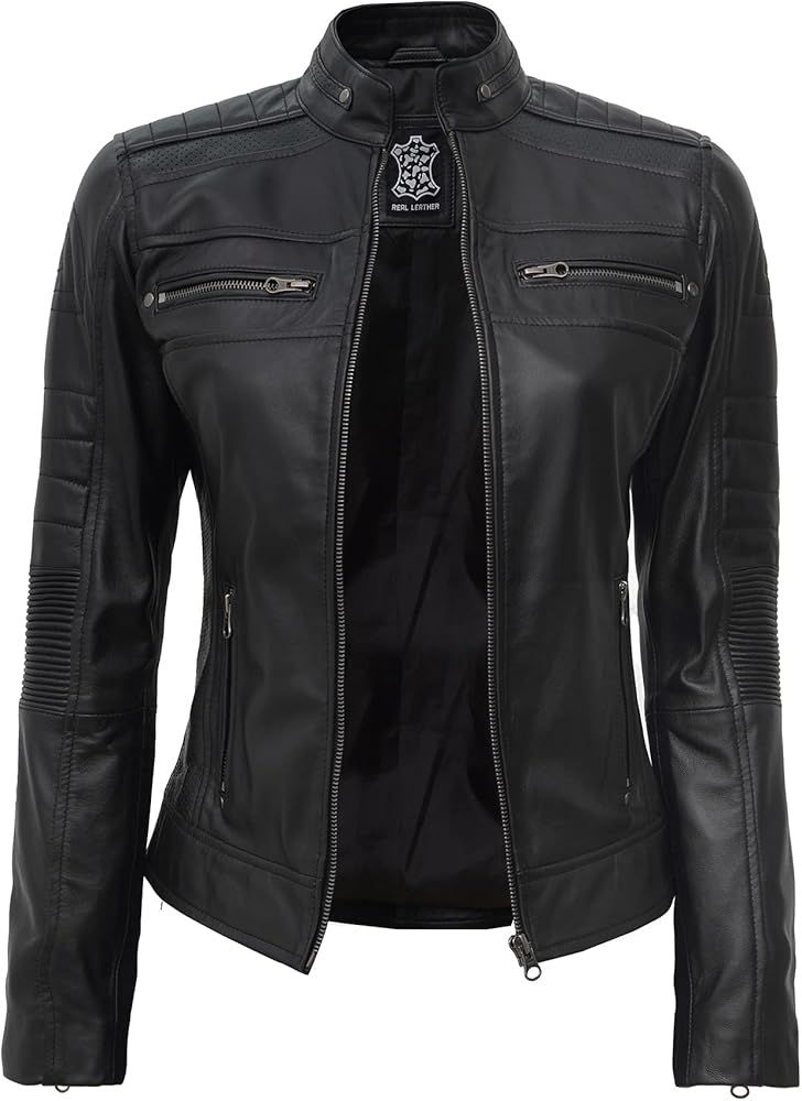 Leather Jacket Women - Cafe Racer Real Lambskin Leather Motorcycle Jackets | Amazon (US)