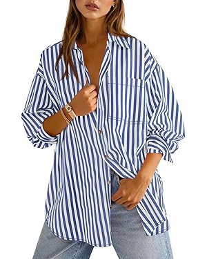 Cicy Bell Womens Oversized Striped Button Down Shirts Boyfriend Long Sleeve Collared Work Blouses | Amazon (US)