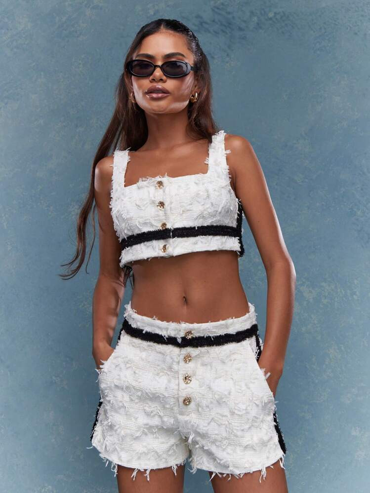 MISSGUIDED Buttoned Square Neck Colorblock Tweed Crop Cami | SHEIN