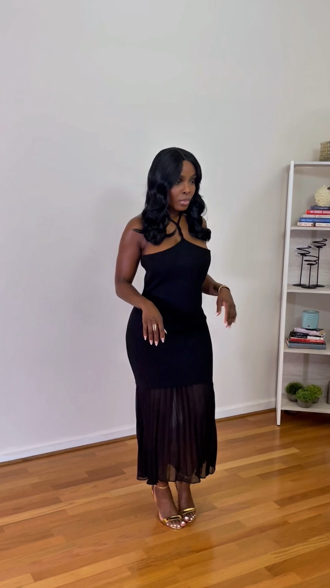 Black date night dress et ochs, halter maxi dress, mixed media dress, pleated dress