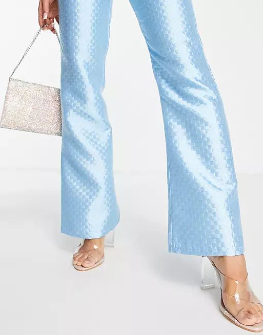 ASOS DESIGN satin jacquard checkerboard pants in blue | ASOS (Global)