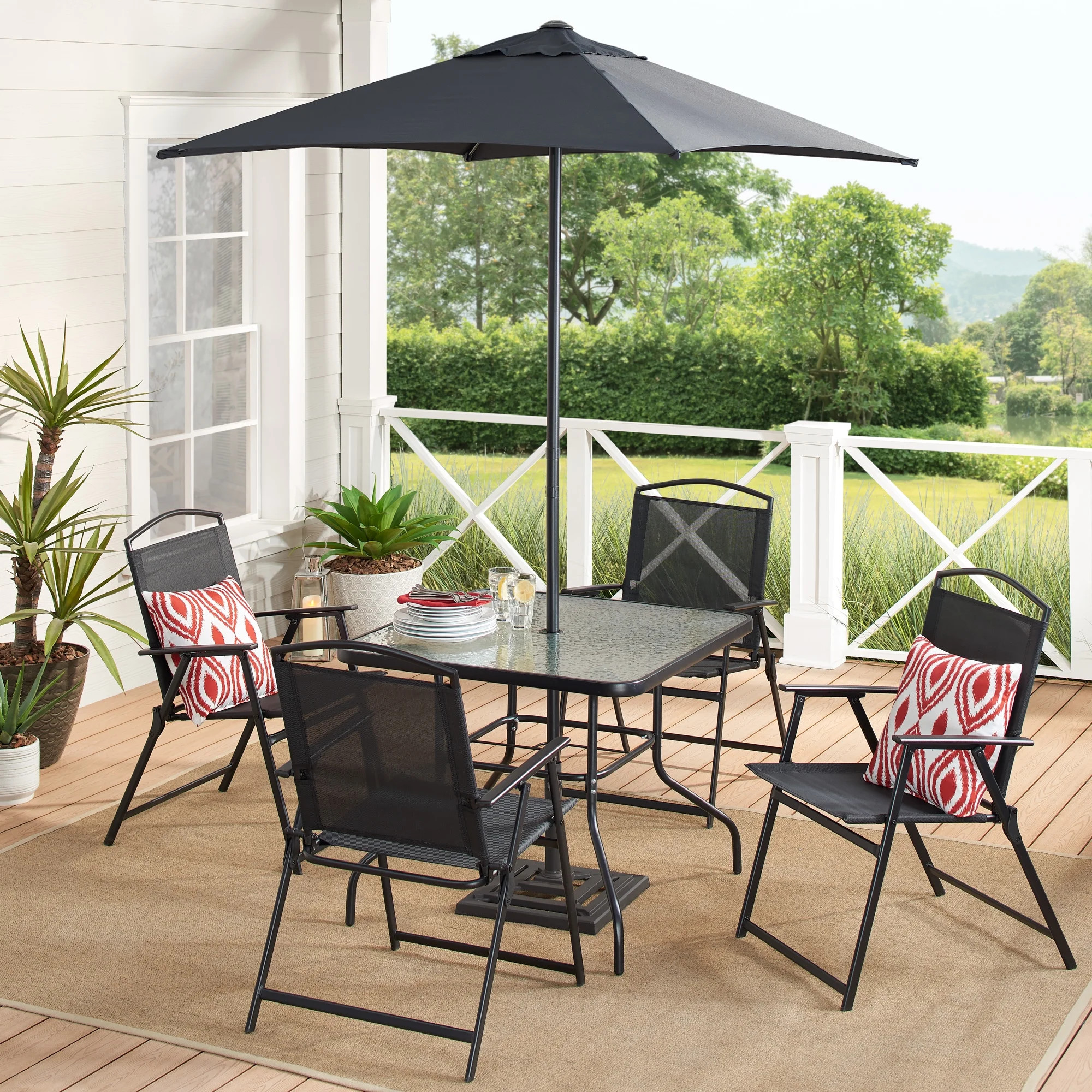 Mainstays Albany Lane 6-Piece Steel Outdoor Patio Dining Set with Umbrella, Black | Walmart (US)